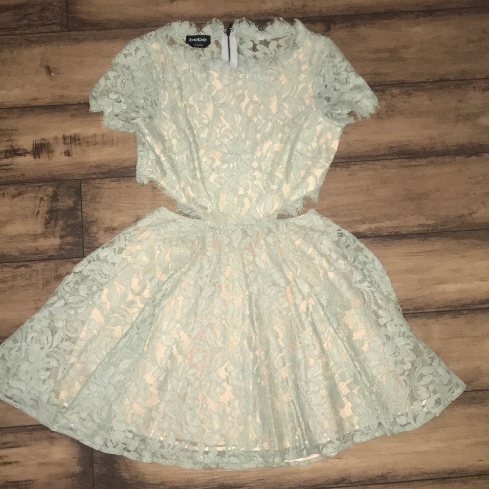 BEBE Green Lace Fit and Flare Dress